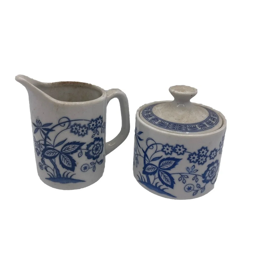 Vtg Blue Onion Cream And Sugar Bowl Japan Blue‎ and White China